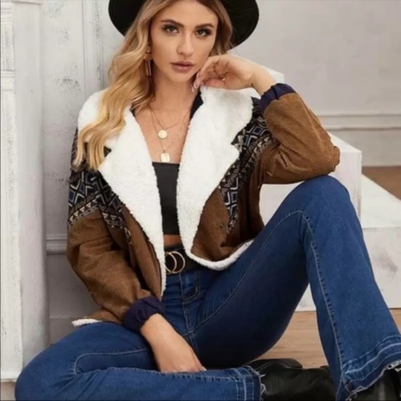 corduroy shearling line tribal print button jacket - Picture 7 of 8